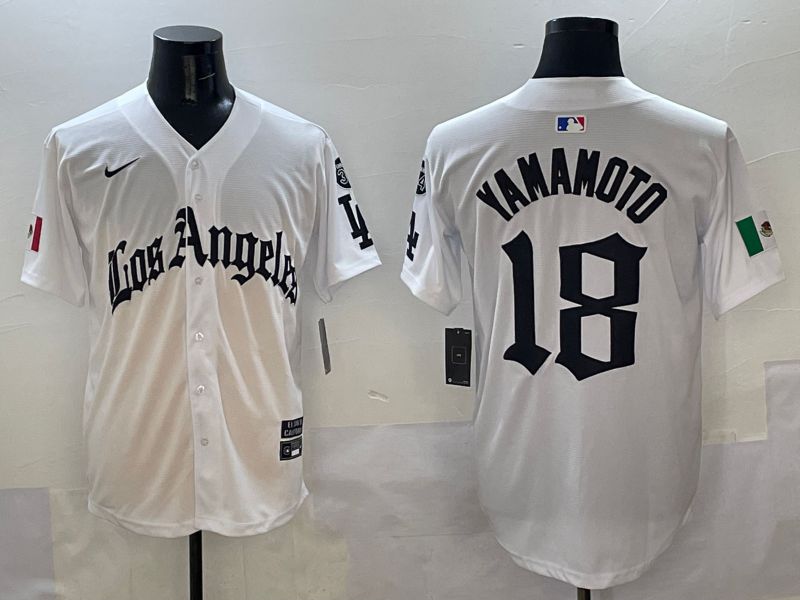 Men Los Angeles Dodgers 18 Yamamoto White Five generations Joint Name 2025 Nike MLB Jersey style 1